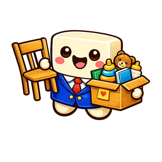 Shmo the marshmallow, carrying a chair and a box of lent things